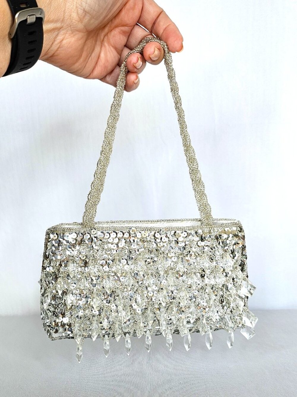 La Regale | Silver Sequin Beaded Chandelier Evening Bag | Purse